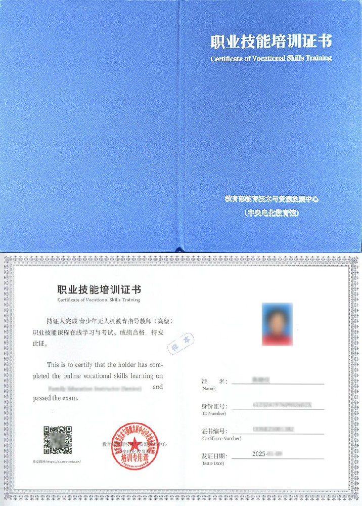 教育部教育技术与资源发展中心(中央电化教育馆) 职业技能培训证书 青少年无人机教育指导教师证证书样本